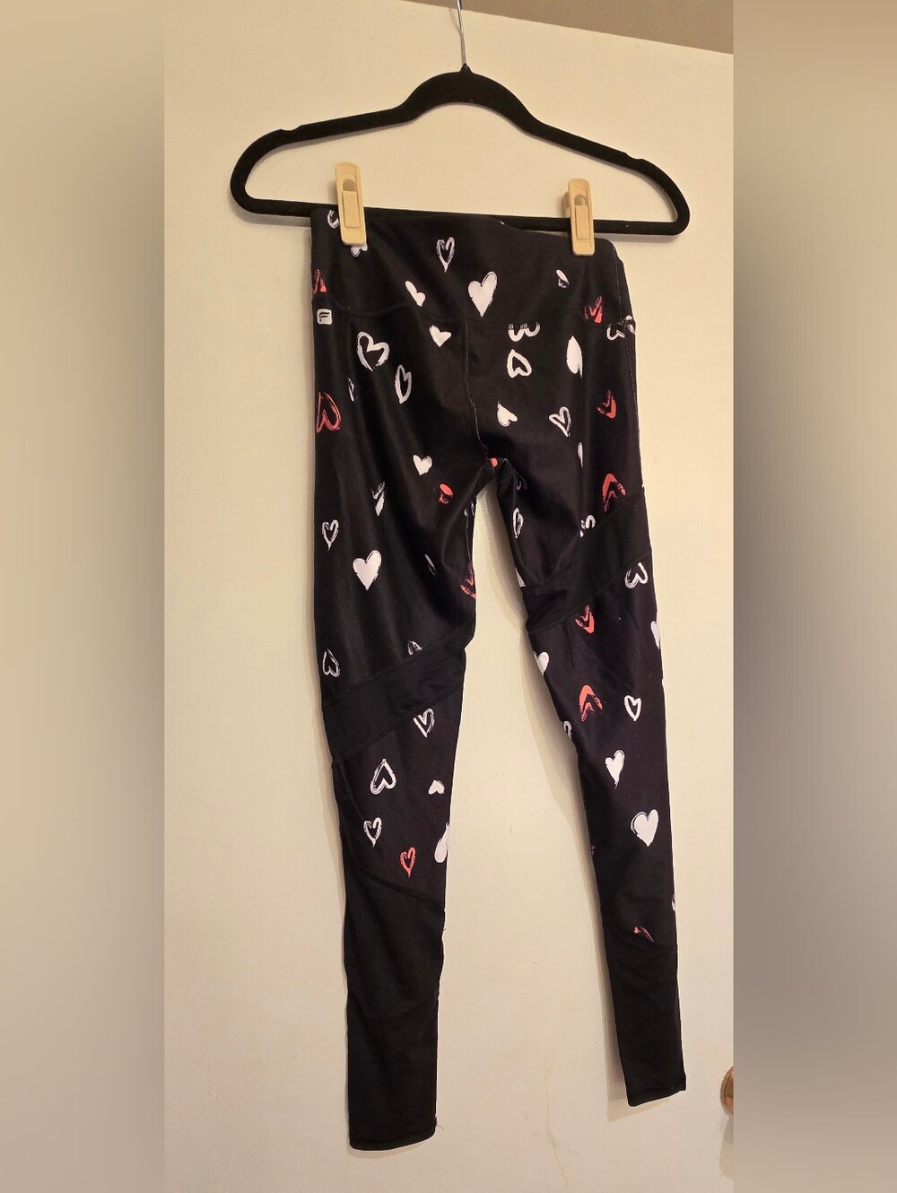 Fabletics Black Leggings with White and Pink Heart Print